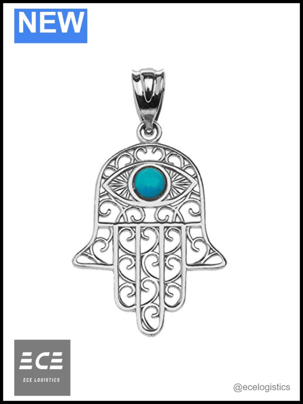 Sterling Silver Hamsa Hand Blue Stone Evil Eye Pendant
